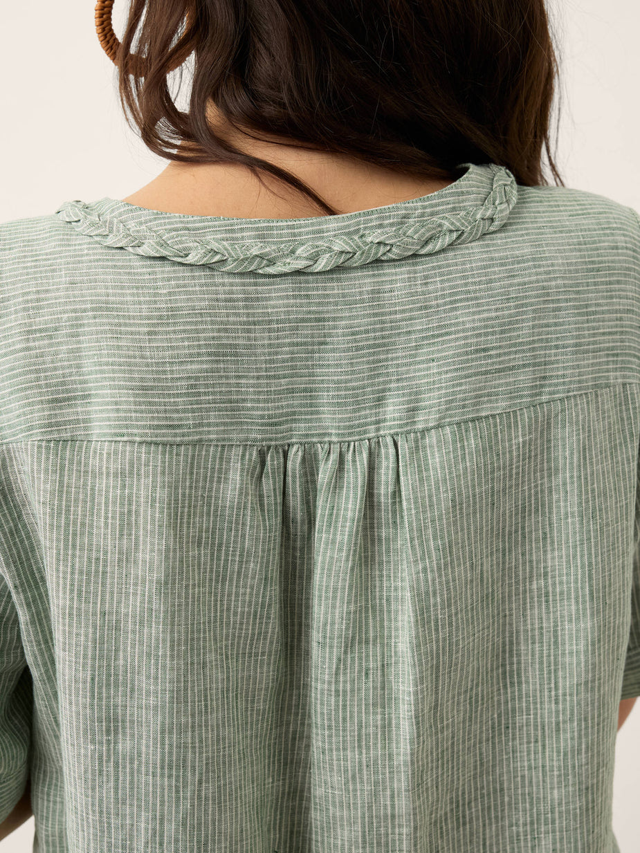 Women’s Scalloped Collar Pleated Short Sleeve Linen Blouse