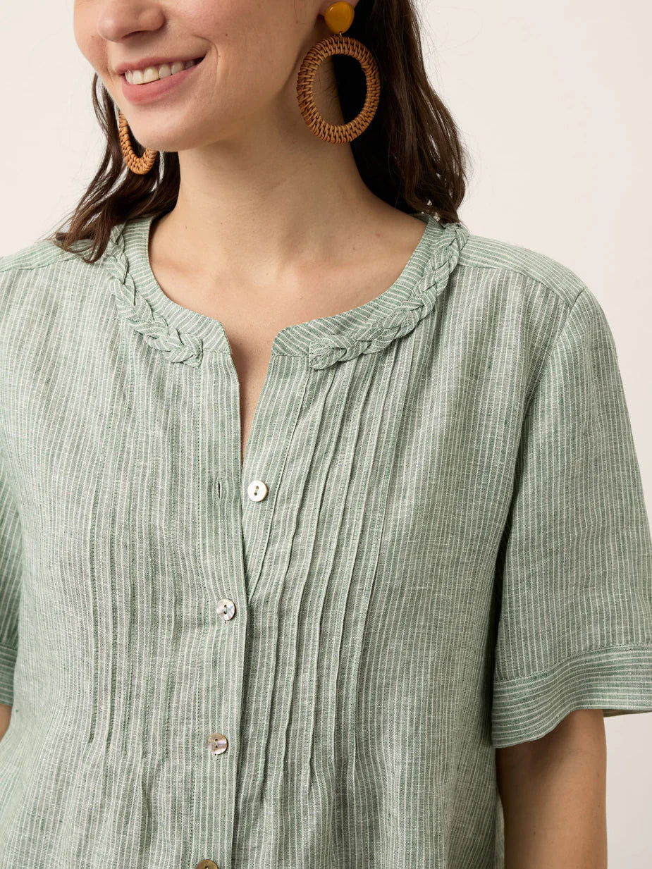 Women’s Scalloped Collar Pleated Short Sleeve Linen Blouse