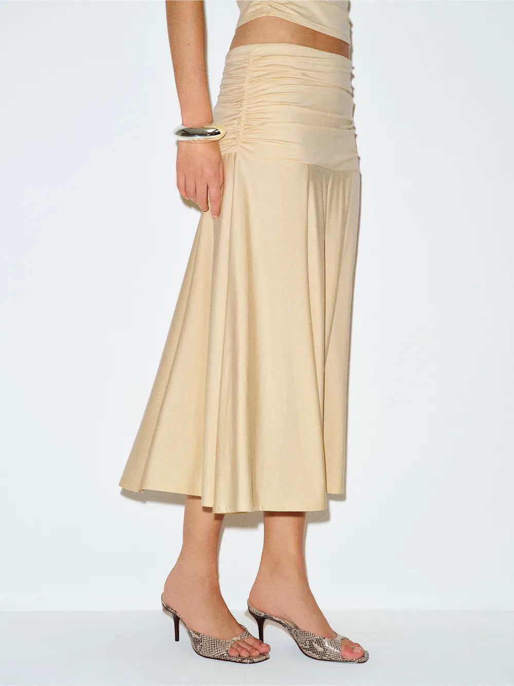 Side Ruched High Waist Flowy A-Line Midi Skirt