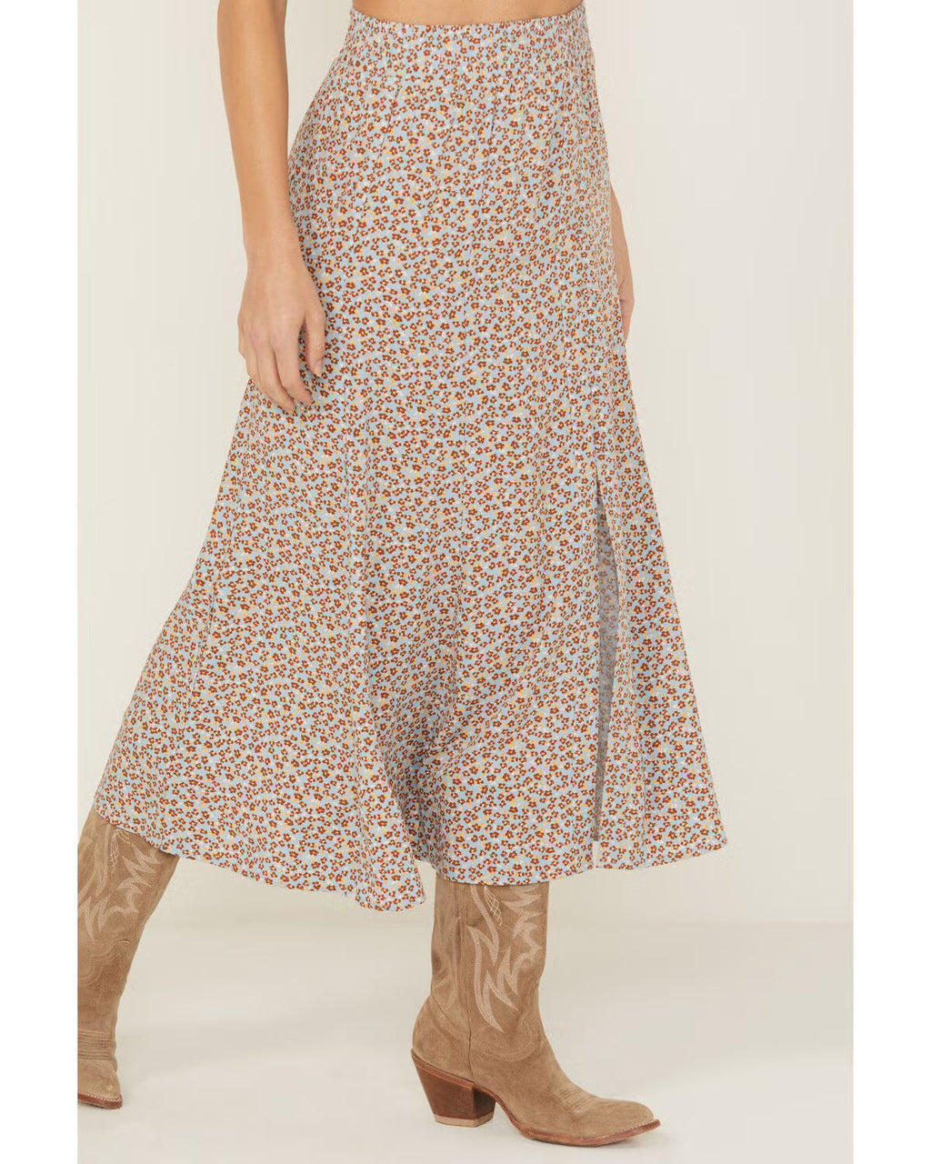 Women’s Floral Print Front Slit Elastic Waist Rayon Midi Skirt