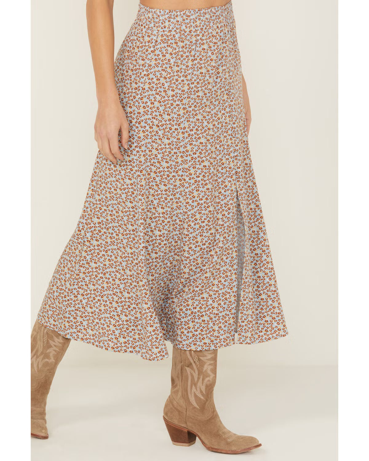 Women’s Floral Print Front Slit Elastic Waist Rayon Midi Skirt