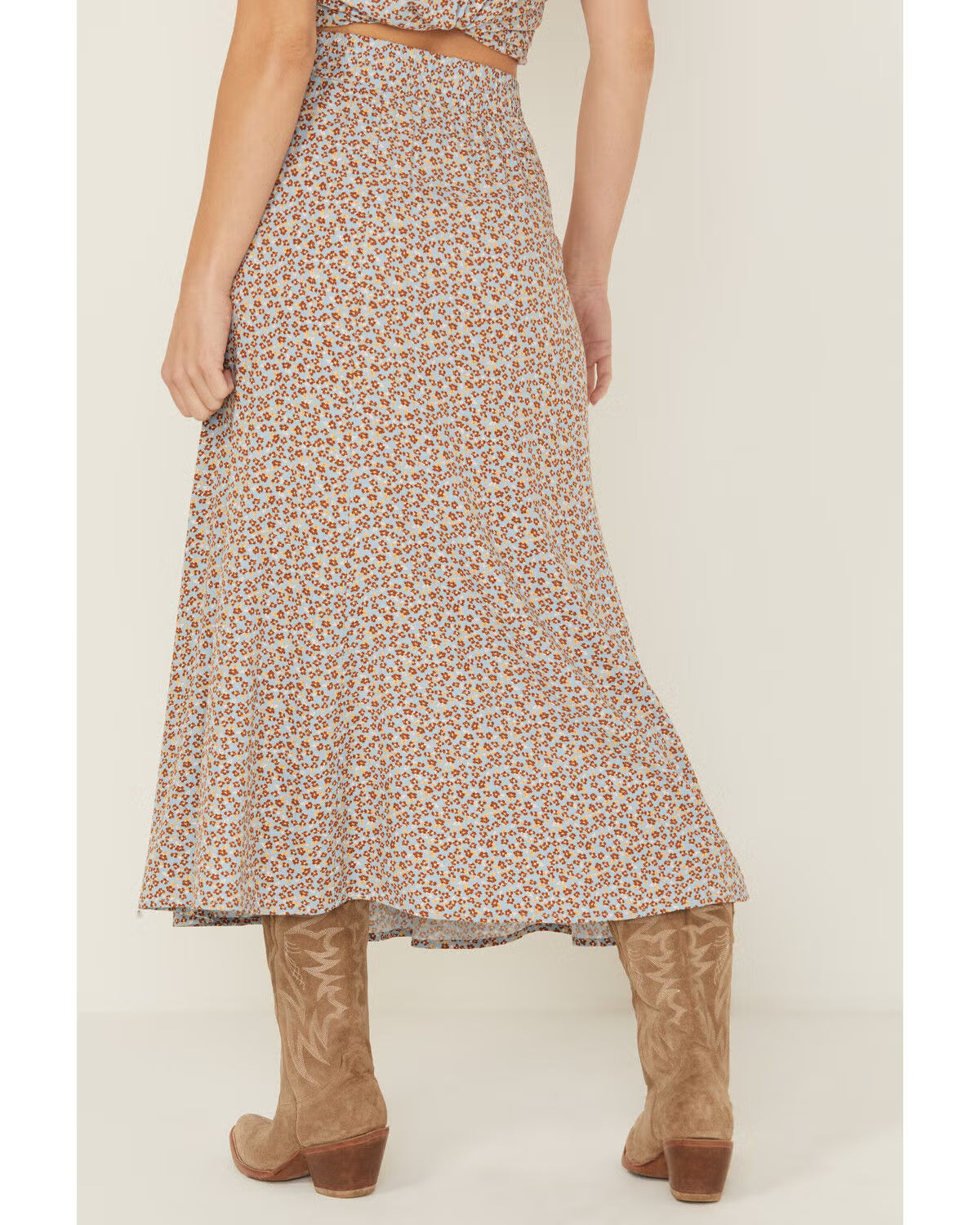 Women’s Floral Print Front Slit Elastic Waist Rayon Midi Skirt