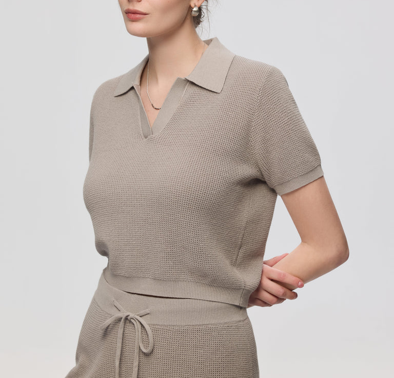 Women’s Johnny Collar Open Knit Cropped Polo Top