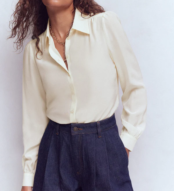 Women’s Puffed Shoulder Long Sleeve Silk Button Down Blouse