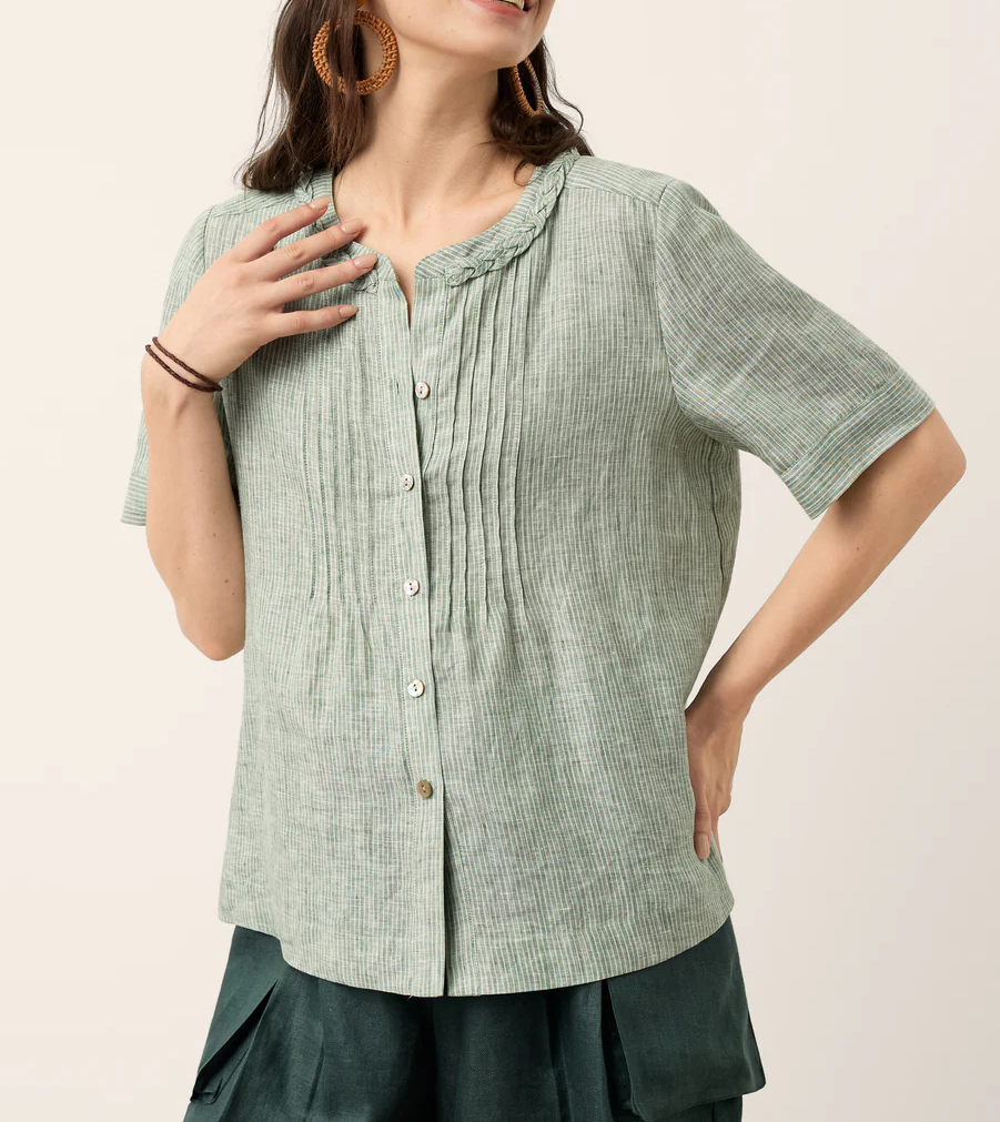 Women’s Scalloped Collar Pleated Short Sleeve Linen Blouse