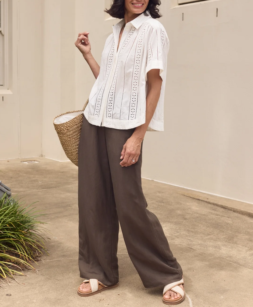 Women’s Relaxed Fit Broderie Anglaise Short Sleeve Button Down Shirt