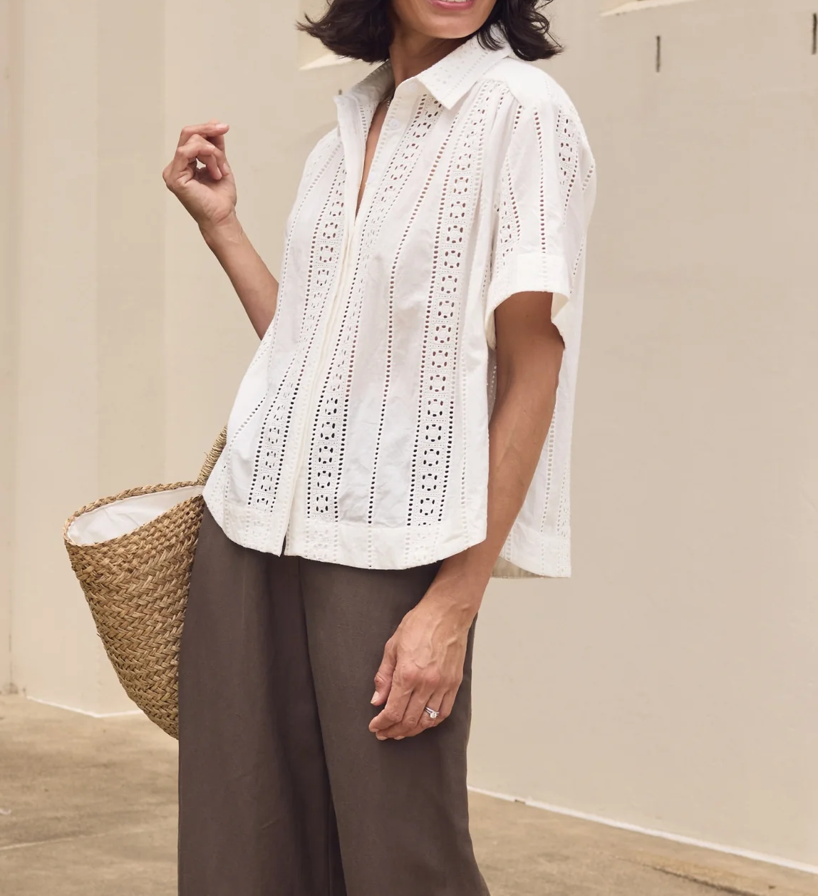 Women’s Relaxed Fit Broderie Anglaise Short Sleeve Button Down Shirt