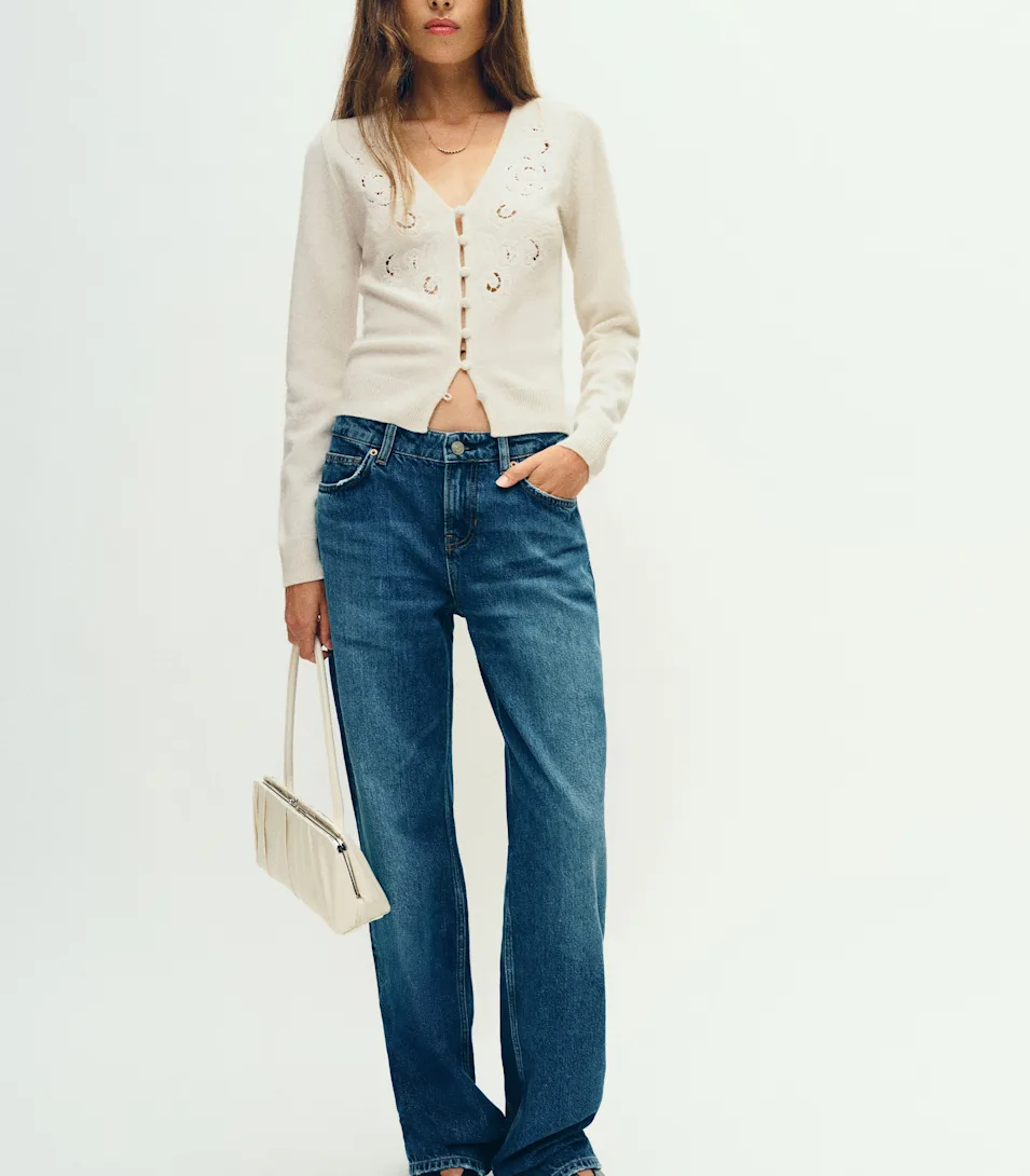 Fitted V-Neck Regenerative Wool Eyelet Embroidered Cropped Cardigan