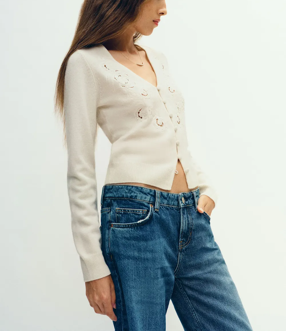 Fitted V-Neck Regenerative Wool Eyelet Embroidered Cropped Cardigan