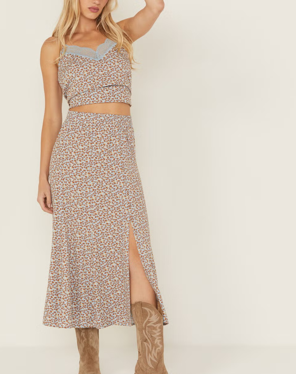 Women’s Floral Print Front Slit Elastic Waist Rayon Midi Skirt