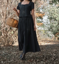 Women’s Elastic Waist Pleated Hemp Blend Flowing Maxi Skirt