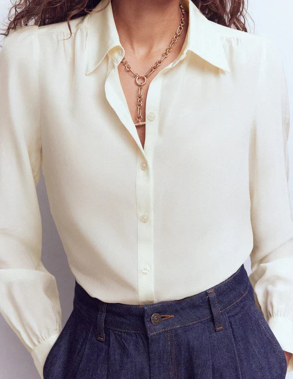 Women’s Puffed Shoulder Long Sleeve Silk Button Down Blouse