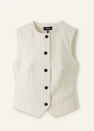 Round Neck Pinstripe Button Front Tailored Sleeveless Vest