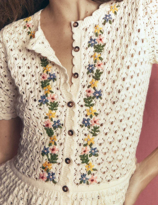 Floral Embroidery Eyelet Knit Short Sleeve Peplum Cardigan