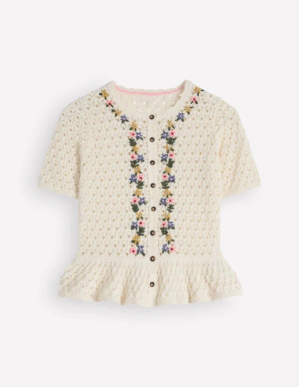 Floral Embroidery Eyelet Knit Short Sleeve Peplum Cardigan