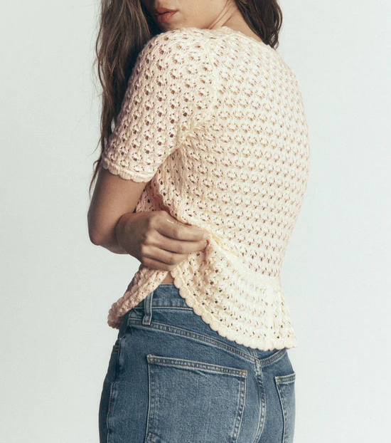 Floral Embroidery Eyelet Knit Short Sleeve Peplum Cardigan