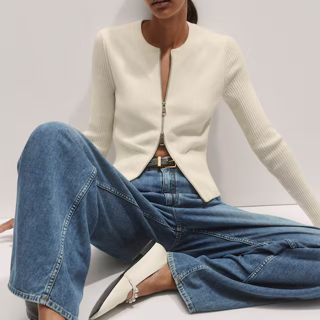 Slim Fit Crew Neck Double Zip Cropped Rib Knit Cardigan