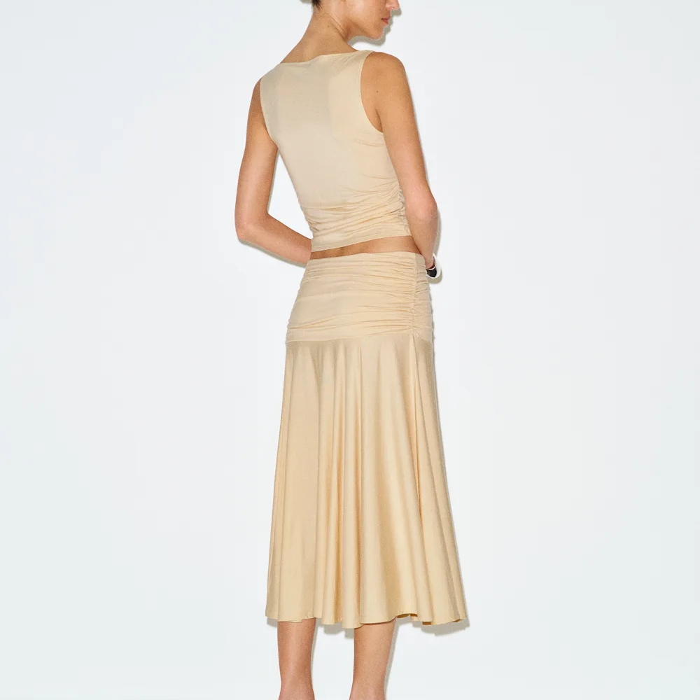 Side Ruched High Waist Flowy A-Line Midi Skirt