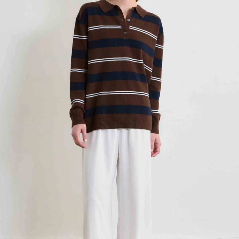 Wool Oversized Striped Long Sleeve Polo Knit Top