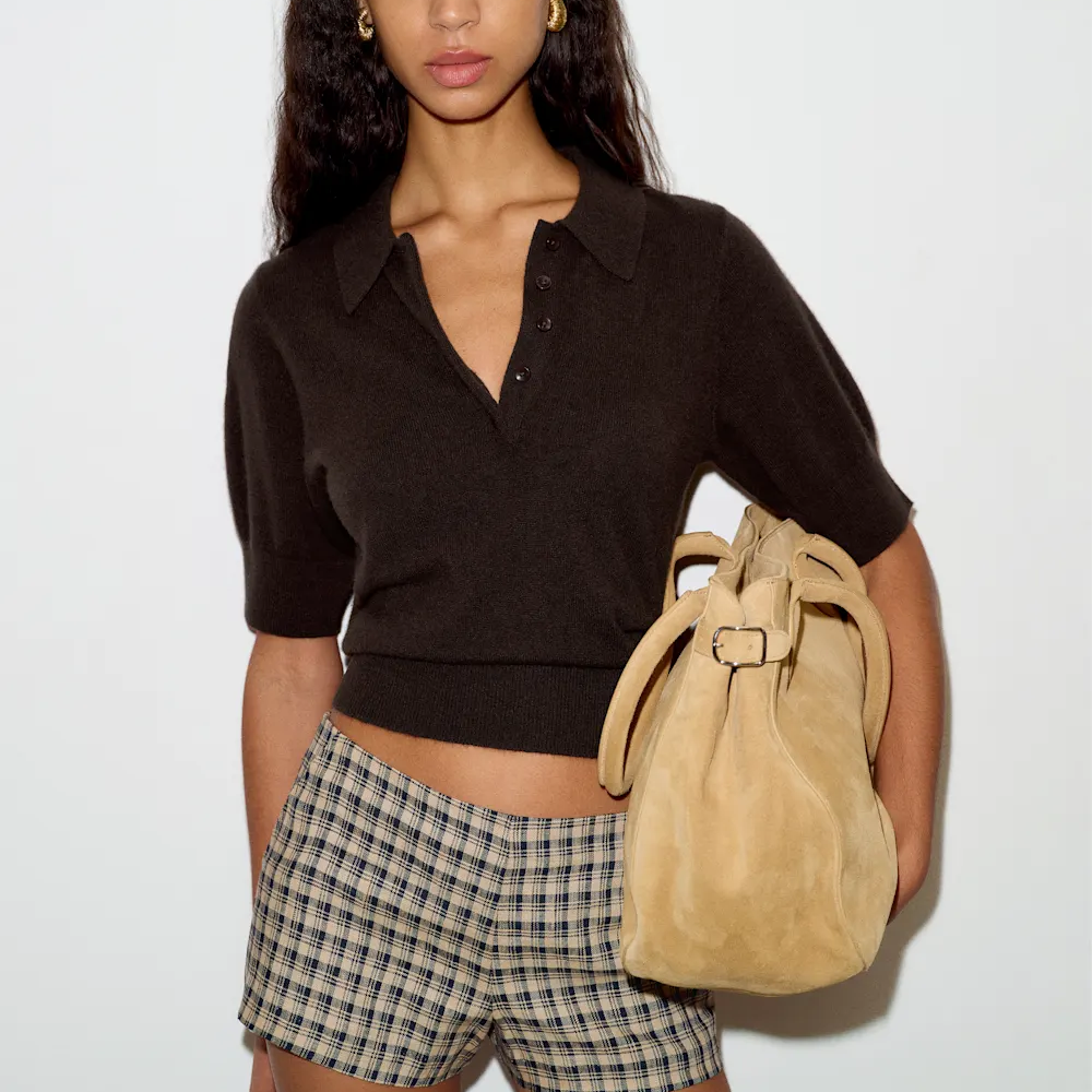 Recycled Cashmere Blend Relaxed Cropped Polo Knit Top