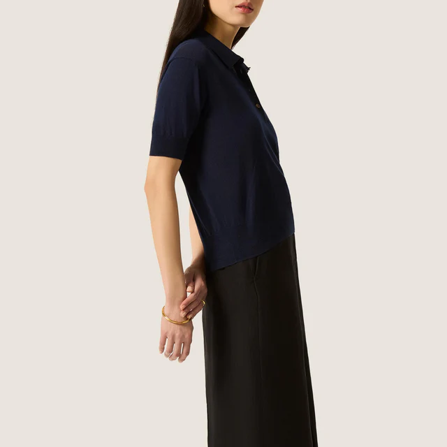 Silk Blend Short Sleeve Collared Knit Polo Top