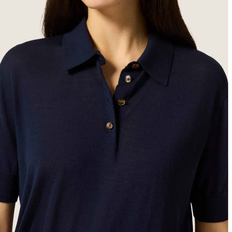 Silk Blend Short Sleeve Collared Knit Polo Top