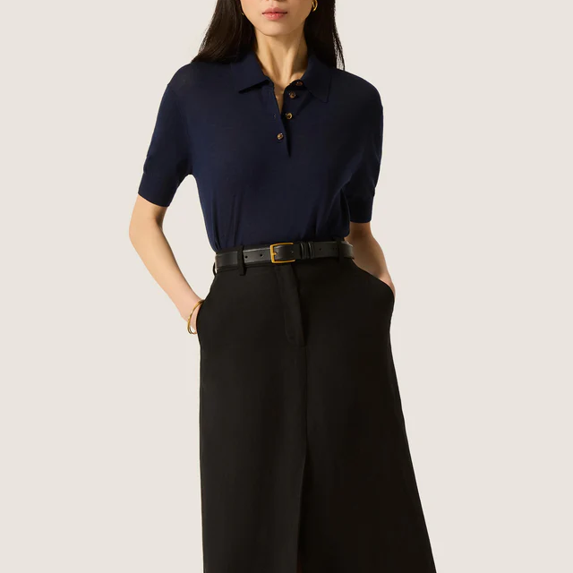Silk Blend Short Sleeve Collared Knit Polo Top