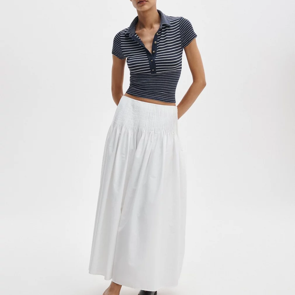 Striped Collared Button Front Cropped Polo Top