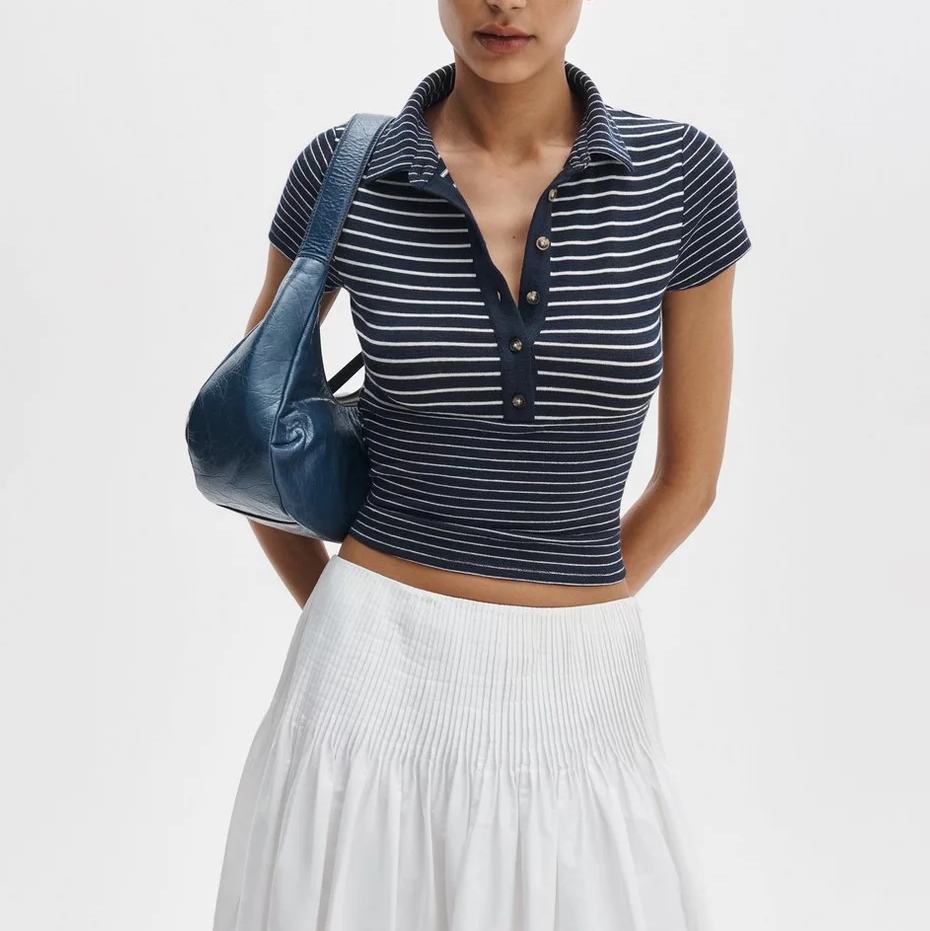Striped Collared Button Front Cropped Polo Top
