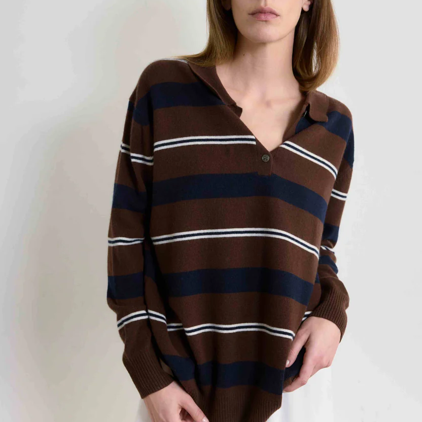 Wool Oversized Striped Long Sleeve Polo Knit Top