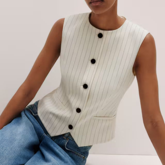 Round Neck Pinstripe Button Front Tailored Sleeveless Vest