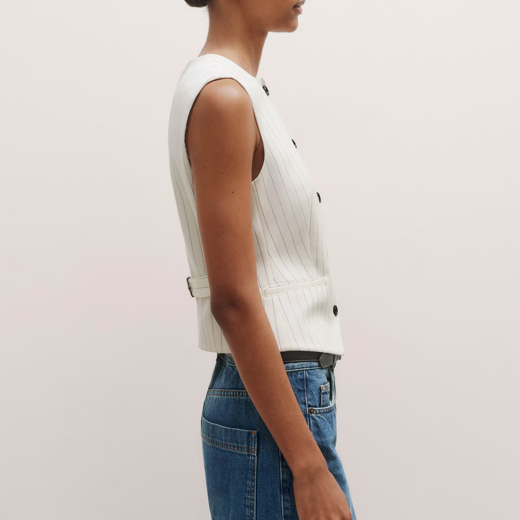 Round Neck Pinstripe Button Front Tailored Sleeveless Vest