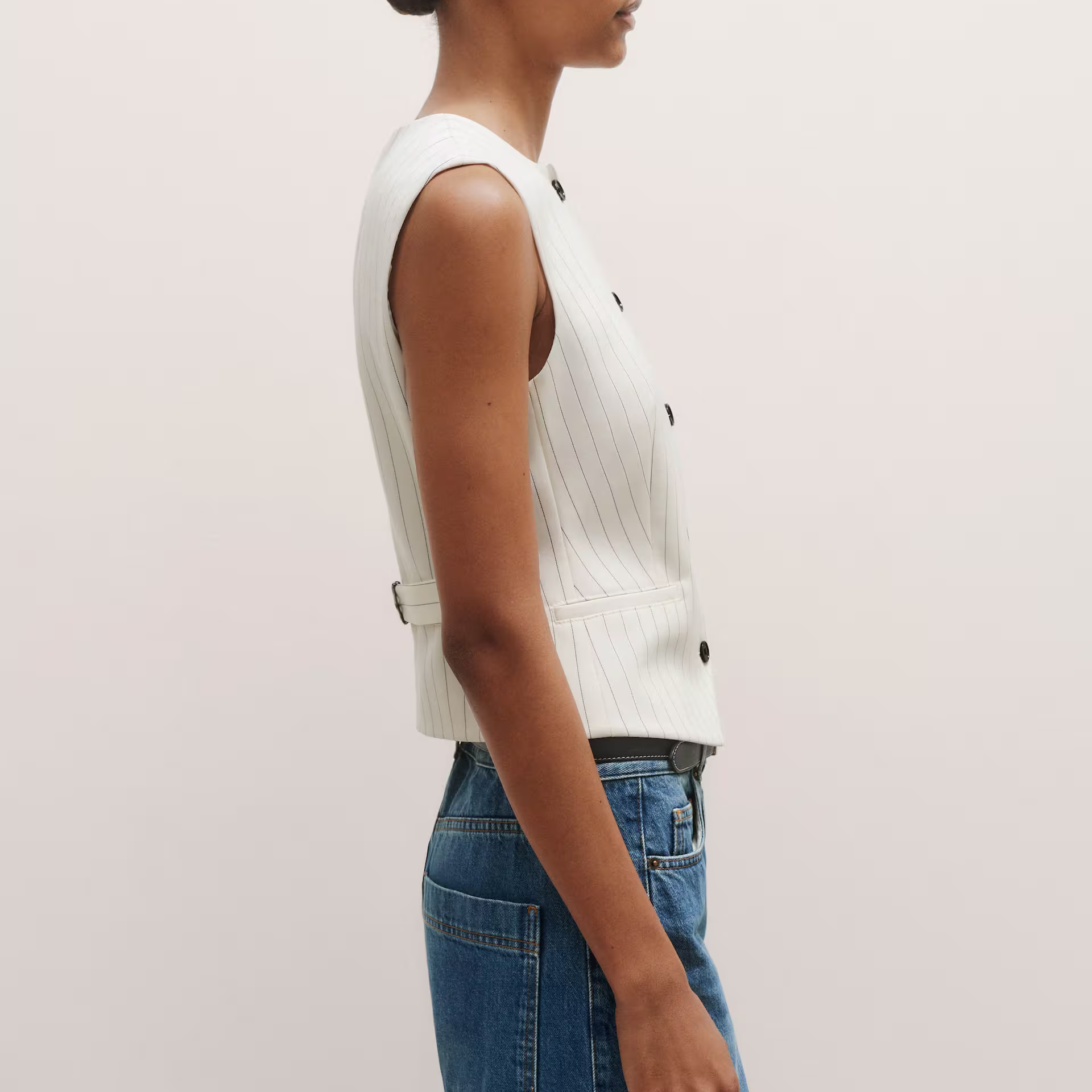 Round Neck Pinstripe Button Front Tailored Sleeveless Vest