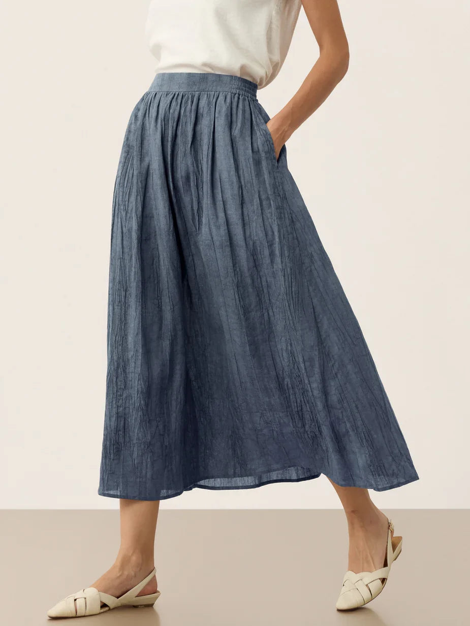 Crinkled Textured Lyocell Gathered Waist A-Line Midi Skirt