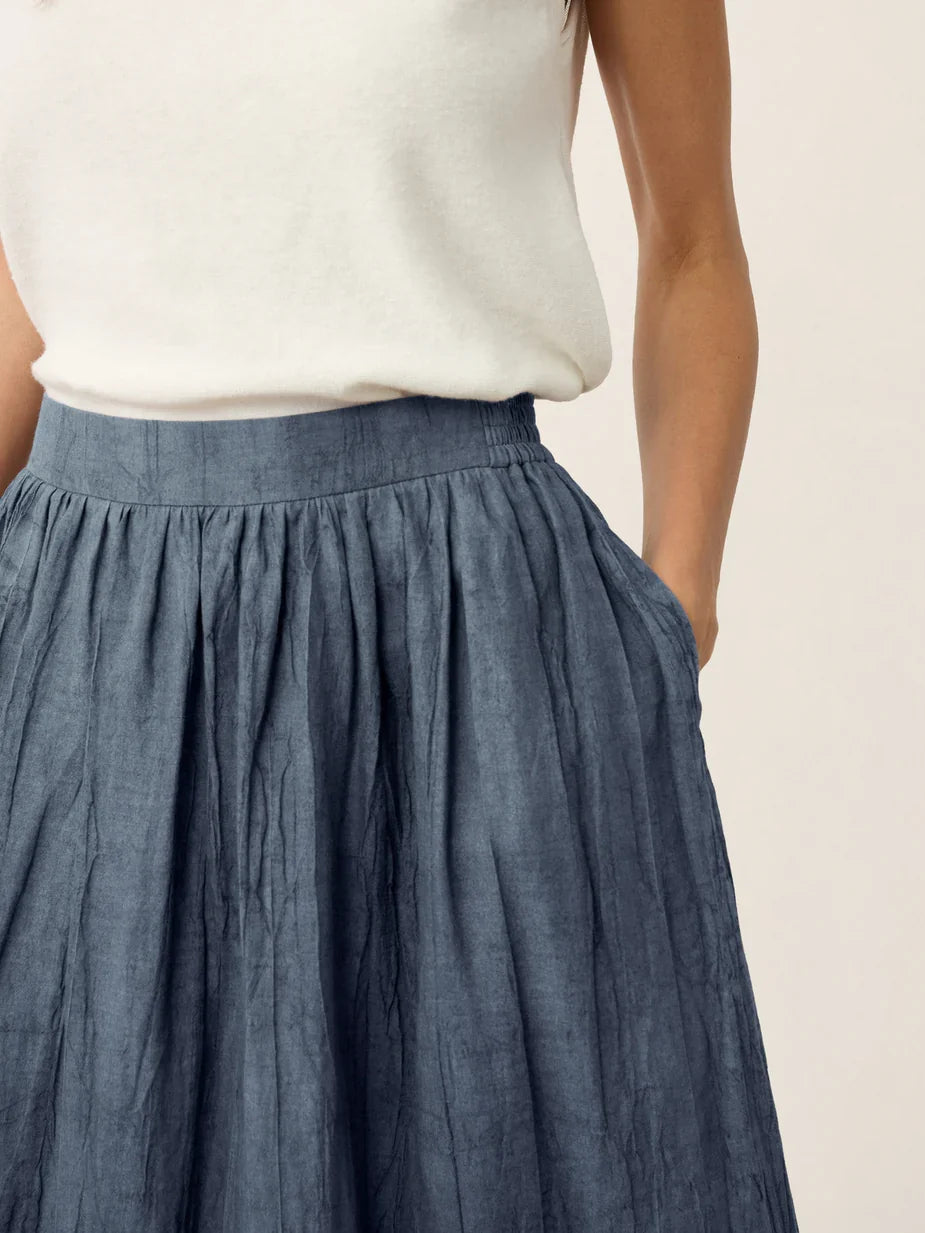 Crinkled Textured Lyocell Gathered Waist A-Line Midi Skirt