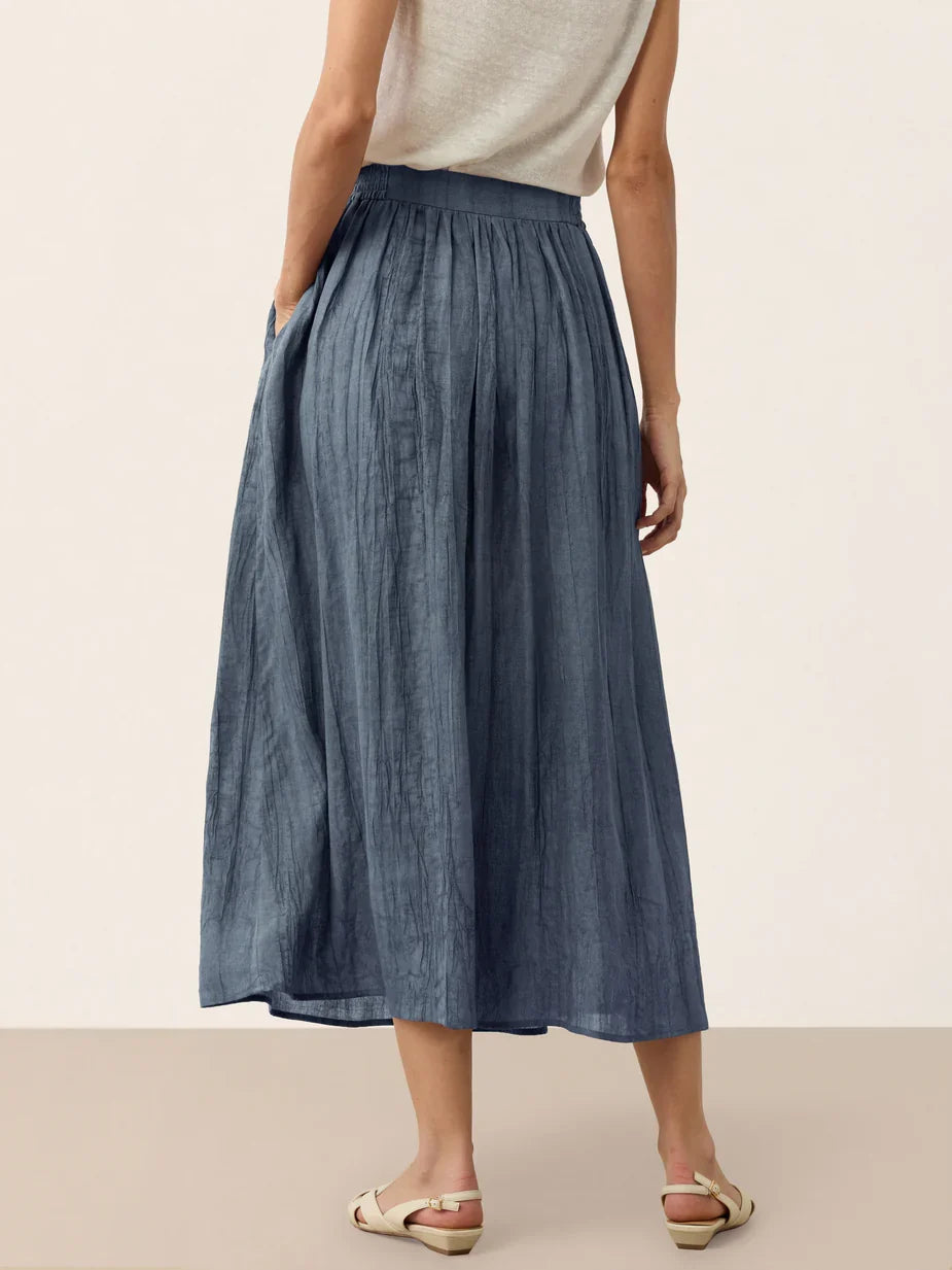 Crinkled Textured Lyocell Gathered Waist A-Line Midi Skirt