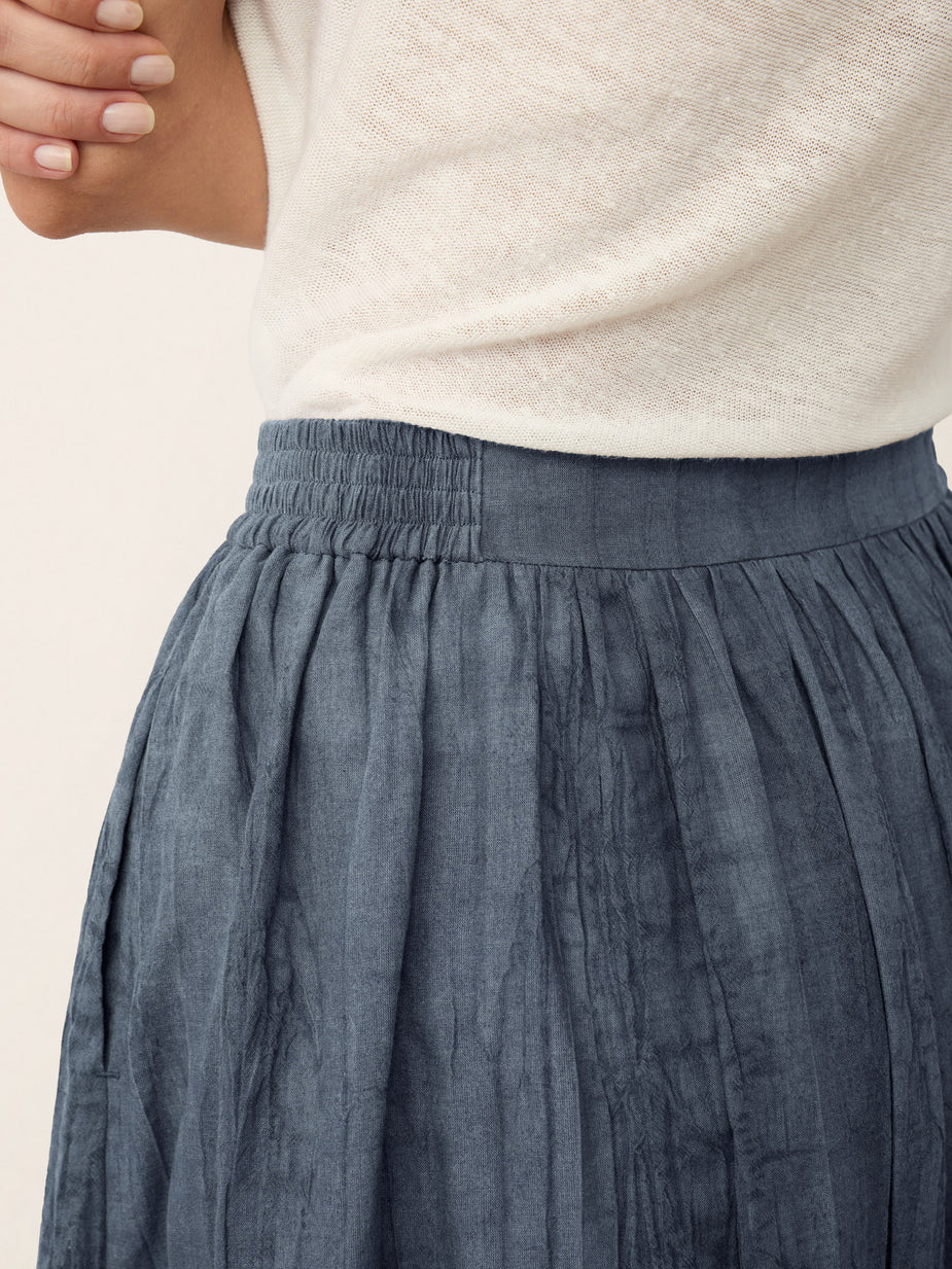 Crinkled Textured Lyocell Gathered Waist A-Line Midi Skirt