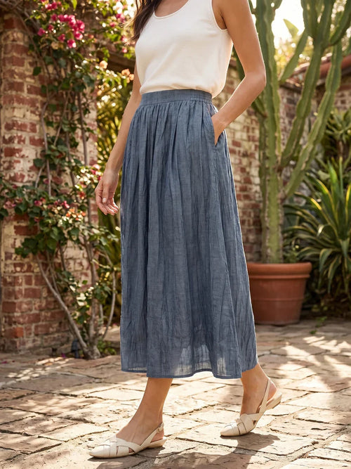 Crinkled Textured Lyocell Gathered Waist A-Line Midi Skirt