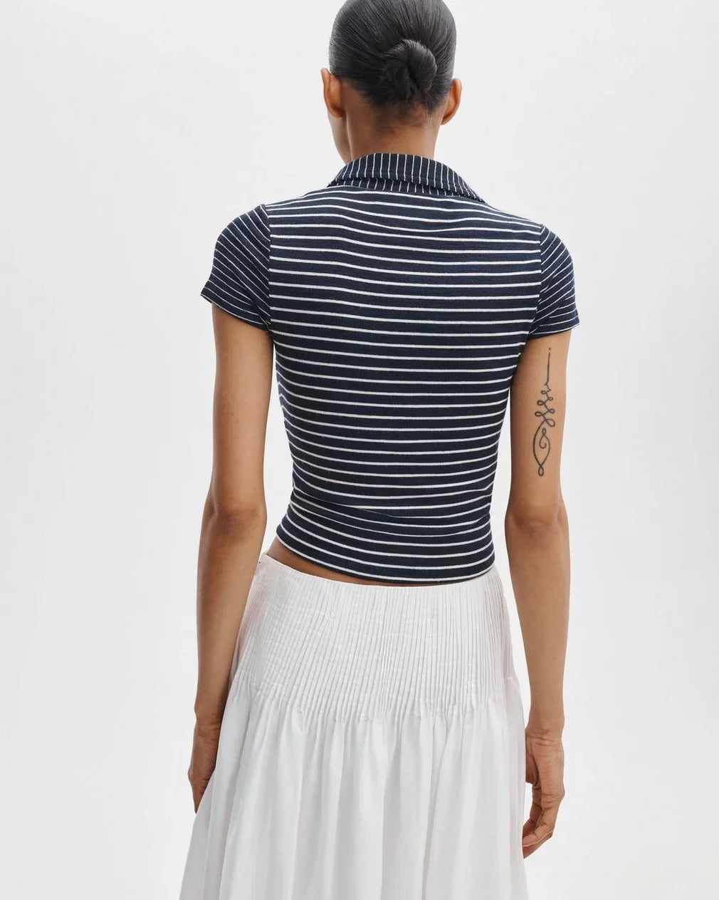 Striped Collared Button Front Cropped Polo Top