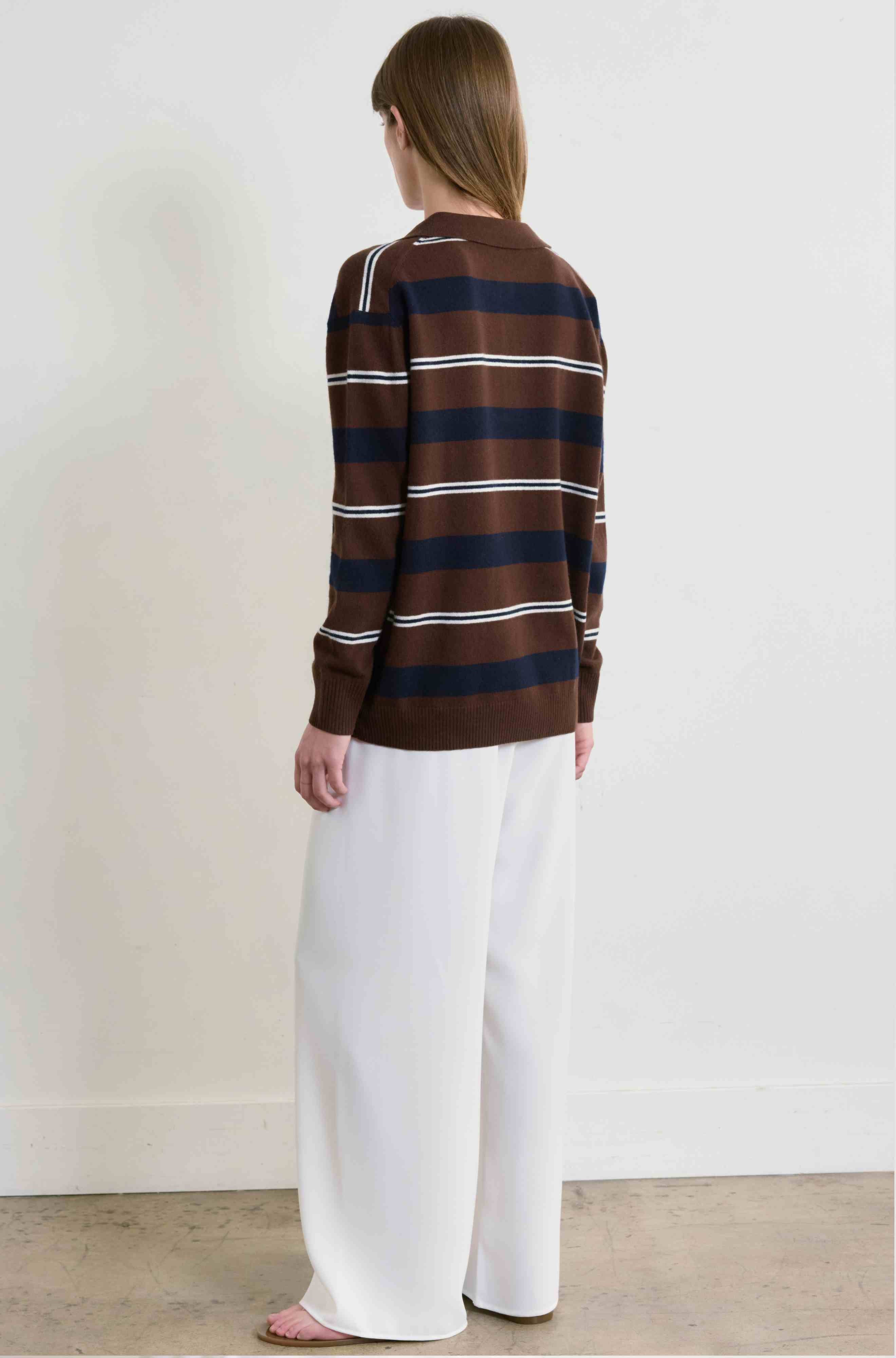 Wool Oversized Striped Long Sleeve Polo Knit Top