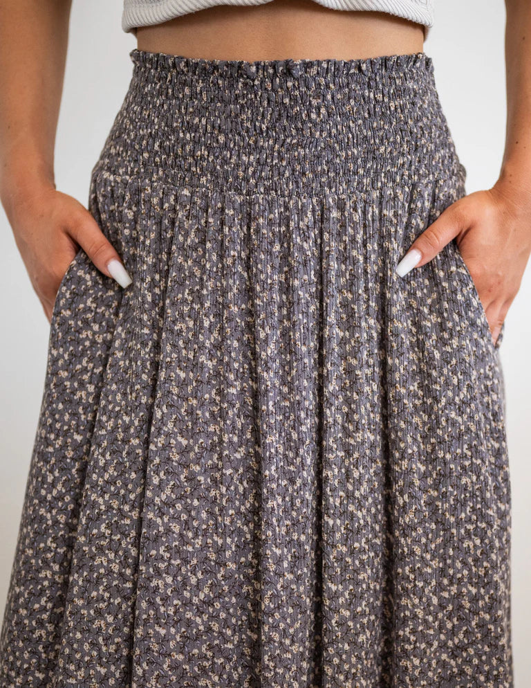 Smocked High Waist Ditsy Floral Asymmetrical Midi Skirt with Pockets