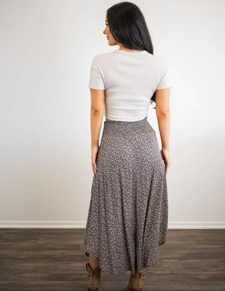High Waist Ruffle Edge Ditsy Floral Asymmetric Hem Midi Skirt