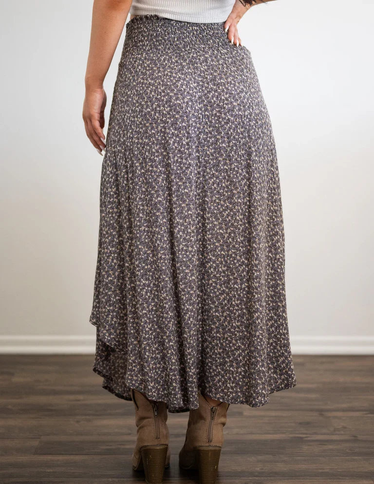 Smocked High Waist Ditsy Floral Asymmetrical Midi Skirt with Pockets