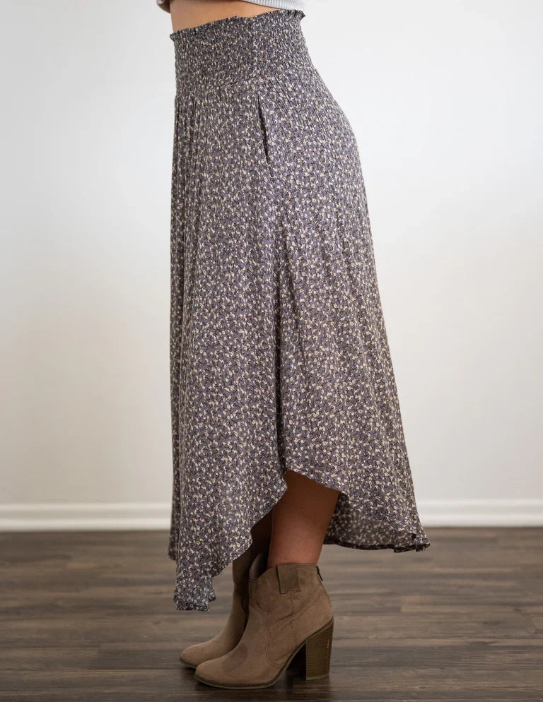 High Waist Ruffle Edge Ditsy Floral Asymmetric Hem Midi Skirt