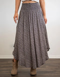 High Waist Ruffle Edge Ditsy Floral Asymmetric Hem Midi Skirt