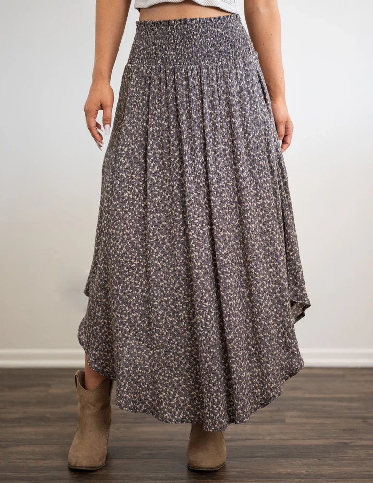 High Waist Ruffle Edge Ditsy Floral Asymmetric Hem Midi Skirt